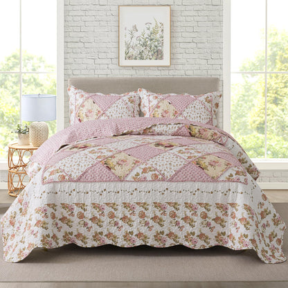 Travan 3-Piece Quilt Set Quilted Bedspread Lightweight Coverlet Set Garden Style Floral Printed Oversized Quilted Bedding Set with Shams for All Season, Exquisite, King Size