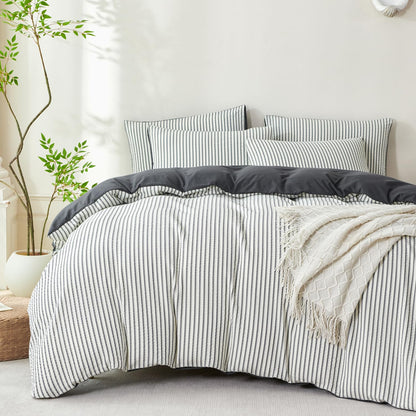 Comforter Queen Set Grid Black 100% Soft Washed Microfiber Jacquard 3 Pieces Grid Bedding Sets Grey White Comforter Queen for All Seasons and 2 Pillowcases Comfort Breathable