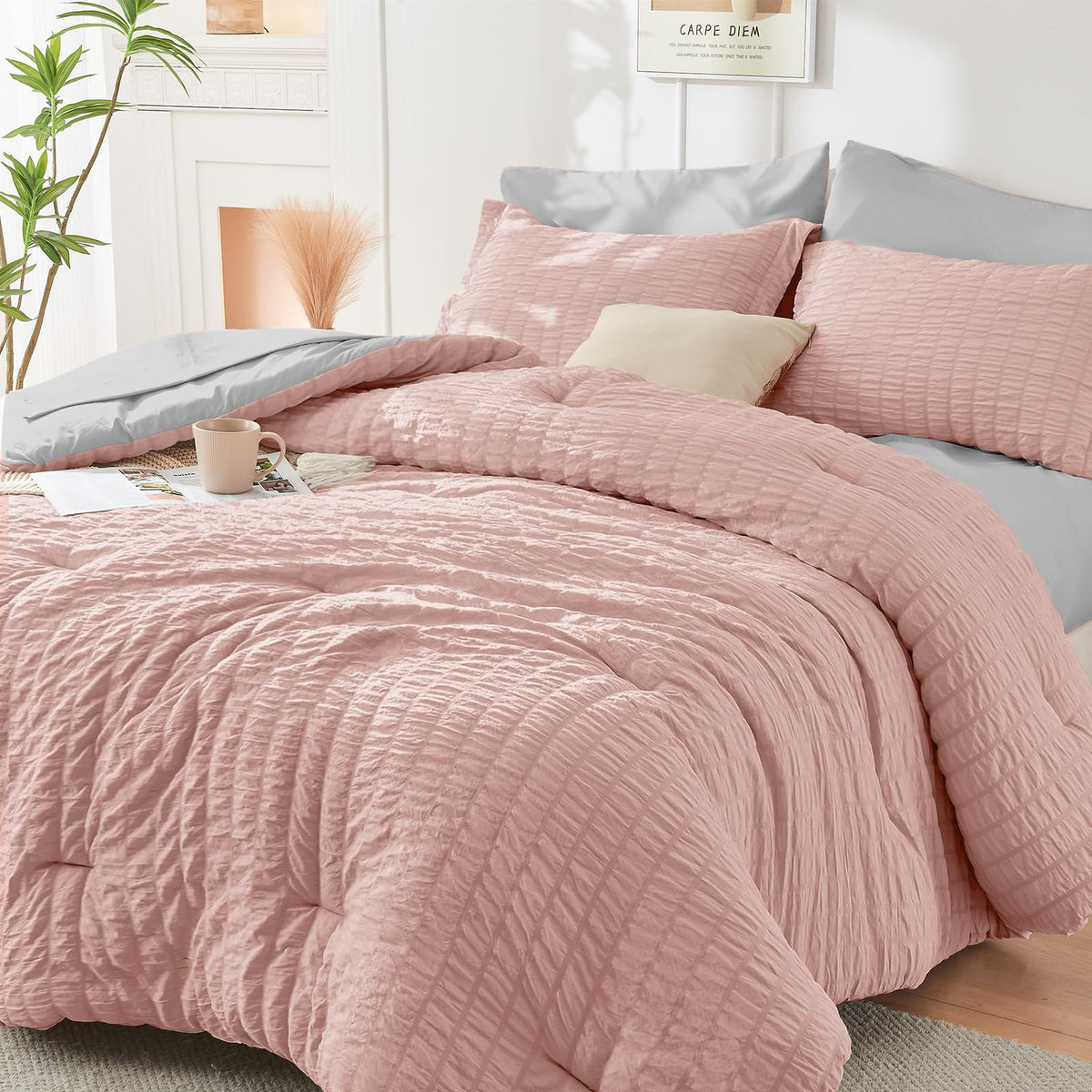 Full Comforter Set - 7PCS Bed in a Bag, Seersucker Bedding Set, Dark Grey