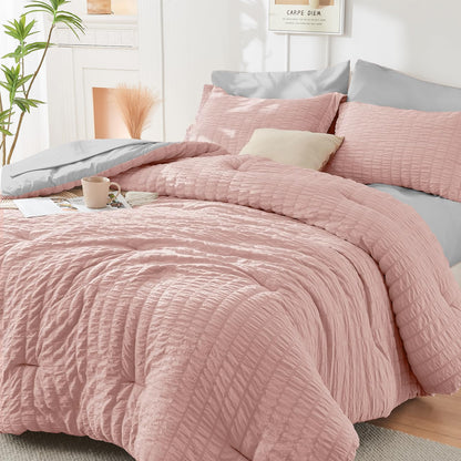 Full Comforter Set - 7PCS Bed in a Bag, Seersucker Bedding Set, Dark Grey
