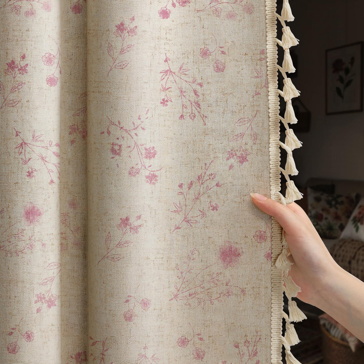 Boho Floral 100% Blackout Curtains 84 Inch 2 Panels Linen Texture