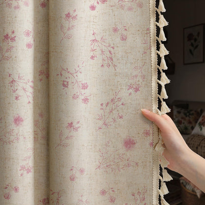 Boho Floral 100% Blackout Curtains 84 Inch 2 Panels Linen Texture