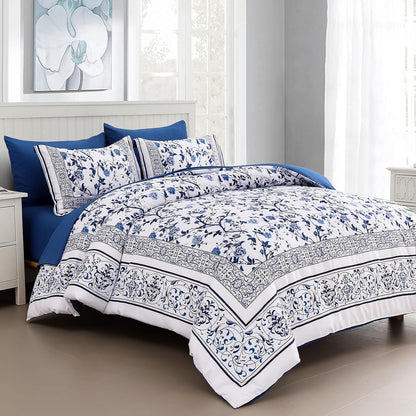 Dobuyly Floral Queen Comforter Set, 7 Piece Bed in a Bag Queen Size Blue Flowers on White Botanical Bedding Set, Soft Microfiber Bedding Comforter Sets with Sheets for All Season
