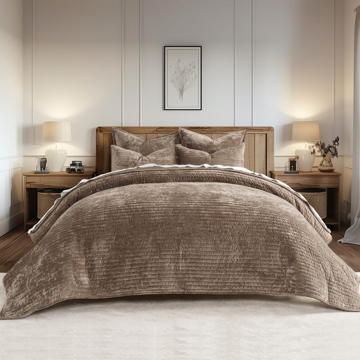 EverGrace Stripe Channel Luxury Velvet Quilt Set King Size, Beige Taupe