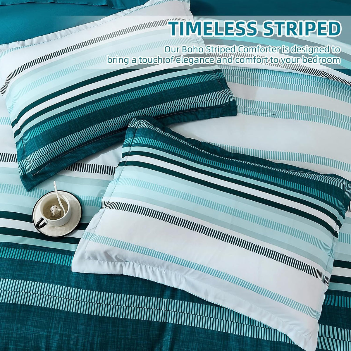 Dobuyly Teal Queen Comforter Set 7 Pieces, Blue Boho Striped Bed in a Bag Queen Size Soft Microfiber All Season Bedding Set with Comforter, Sheets, Pillowcases & Shams