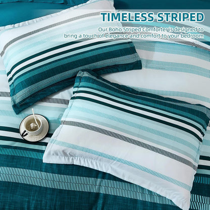 Dobuyly Teal Queen Comforter Set 7 Pieces, Blue Boho Striped Bed in a Bag Queen Size Soft Microfiber All Season Bedding Set with Comforter, Sheets, Pillowcases & Shams