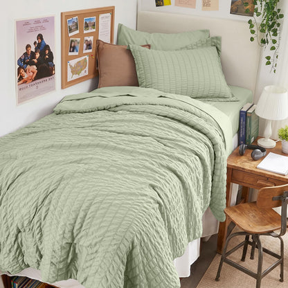 Queen Comforter Set - 7PCS Bed in a Bag, Seersucker Bedding Set, Beige