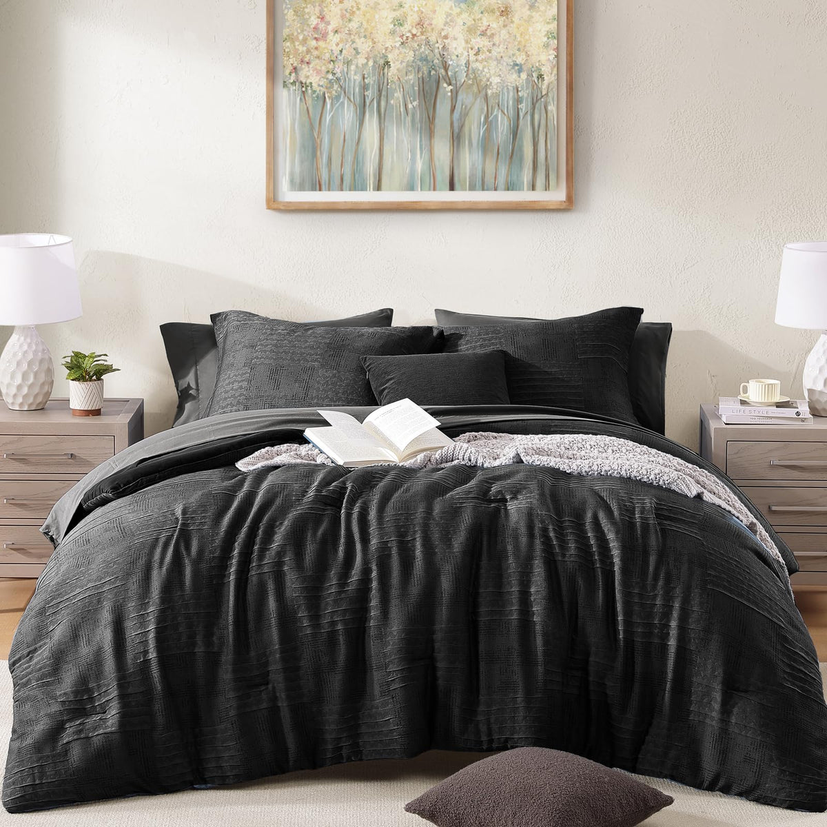 MaiRêve Queen Comforter Set Crinkle Textured Charcoal Grey Bedding 7 Pieces