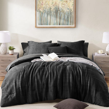MaiRêve Queen Comforter Set Crinkle Textured Charcoal Grey Bedding 7 Pieces
