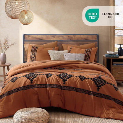 MaiRêve Embroidery Queen Comforter Set 7 Pieces Burnt Orange Bed in a Bag