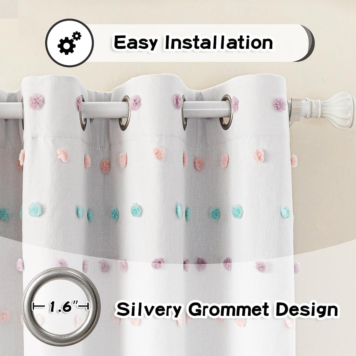MYSKY HOME Kids Blackout Curtains for Boys Bedroom 84 Inch Long 100% Light Blocking Cute Curtains for Playing Room 2 Panels Grommet Nursery Drapes with Rainbow Pom Pom Sheer 2 Layered 50W x 84L