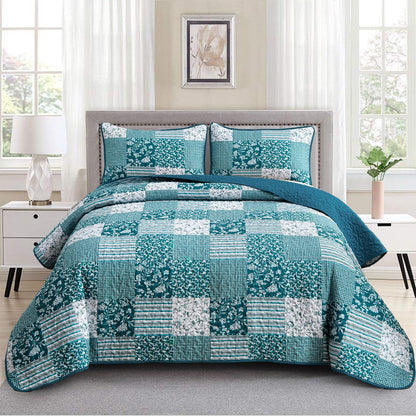 Mybedsoul Boho Quilts Queen Size, Patchwork Floral Bedding Set, Blue