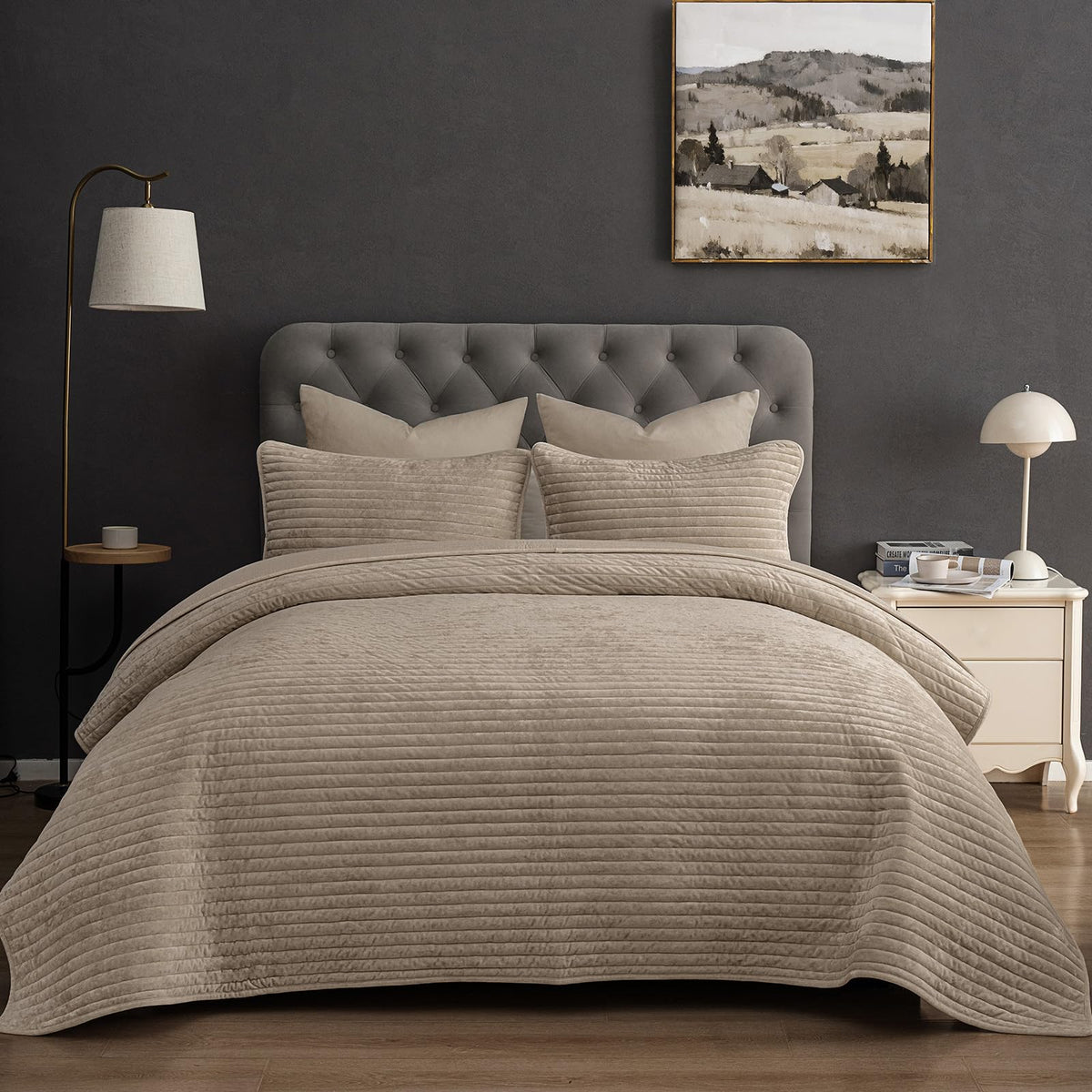 PHF Diamond Pattern Luxury Velvet Quilt Set Queen Size, Sand