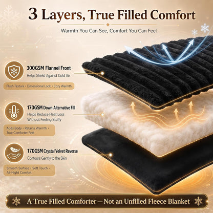 CozyLux Fleece Queen Comforter Set, 3 Piece Winter Warm Black Bedding