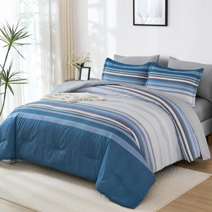 Dobuyly Teal Queen Comforter Set 7 Pieces, Blue Boho Striped Bed in a Bag Queen Size Soft Microfiber All Season Bedding Set with Comforter, Sheets, Pillowcases & Shams