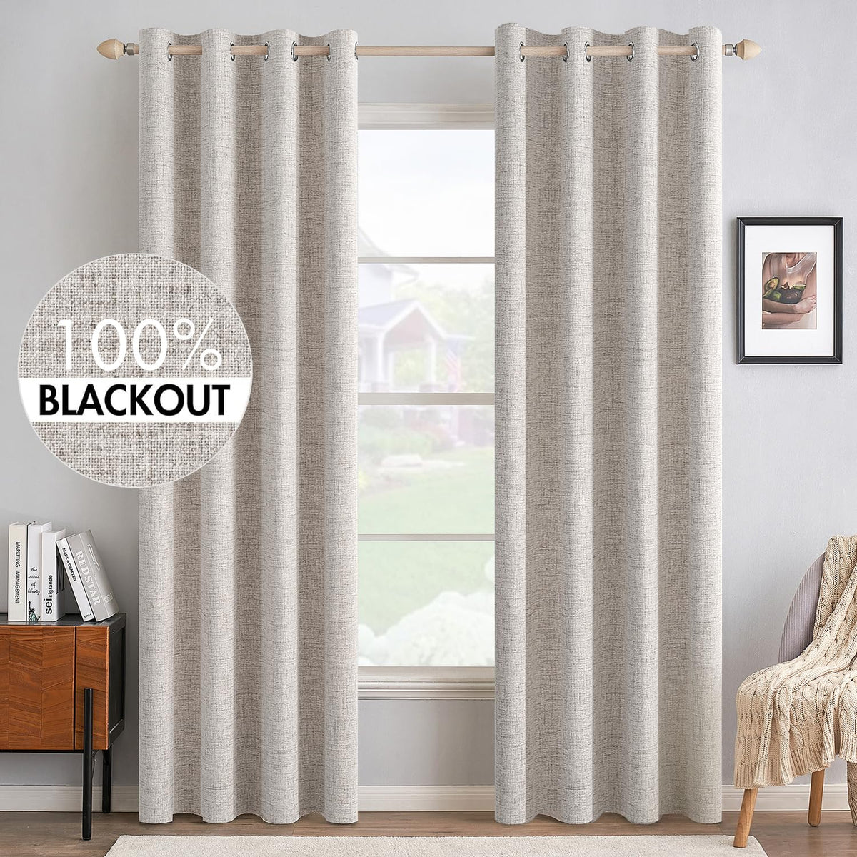 MIULEE 100% Blackout Linen Curtains for Bedroom 52x90 Inches Natural Beige