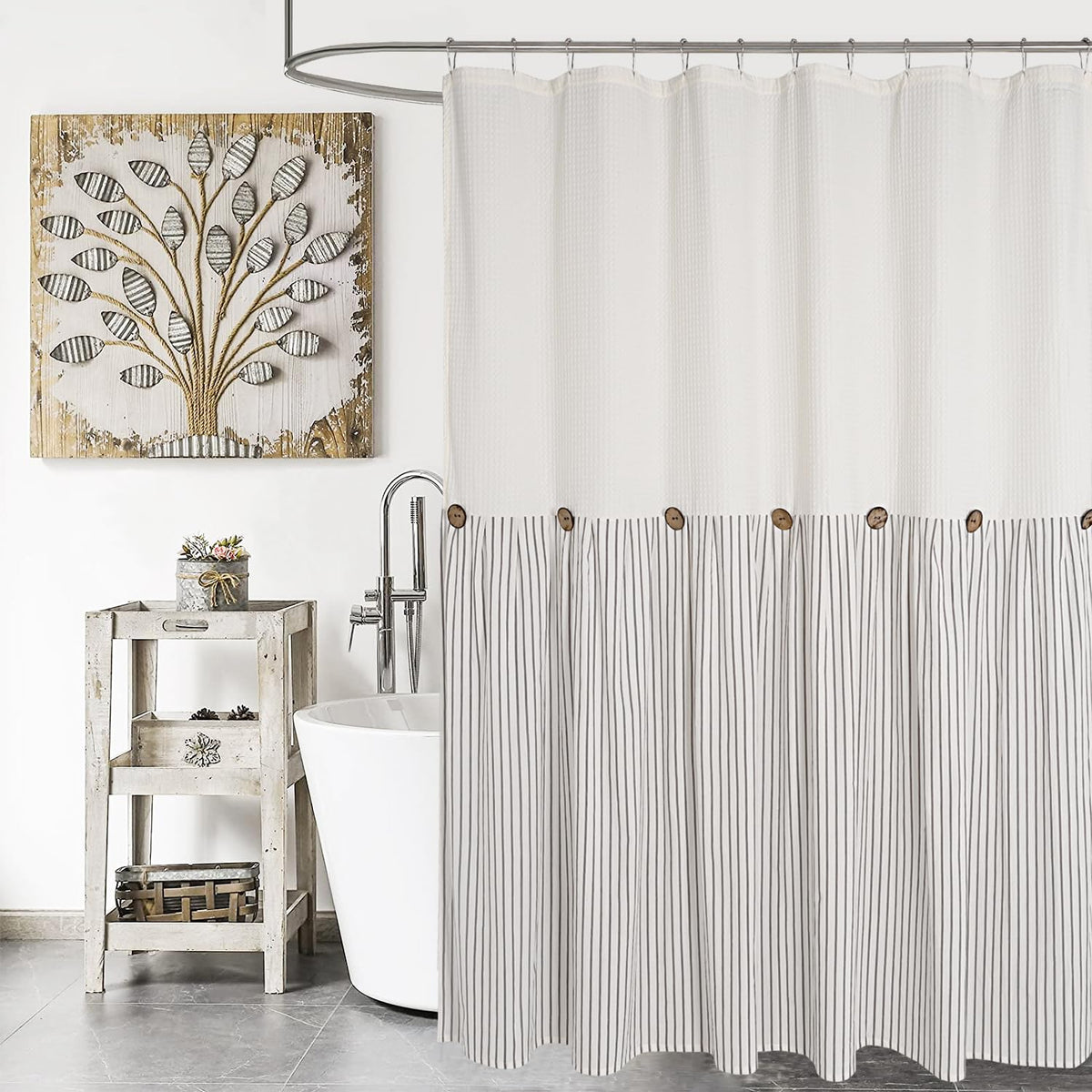 DOSLY IDÉES Farmhouse Shower Curtain,Beige and Gray Stripe,Button Curtain,Linen and Cotton Woven Fabric,Rustic Charm Country Chic Style,72x72 in