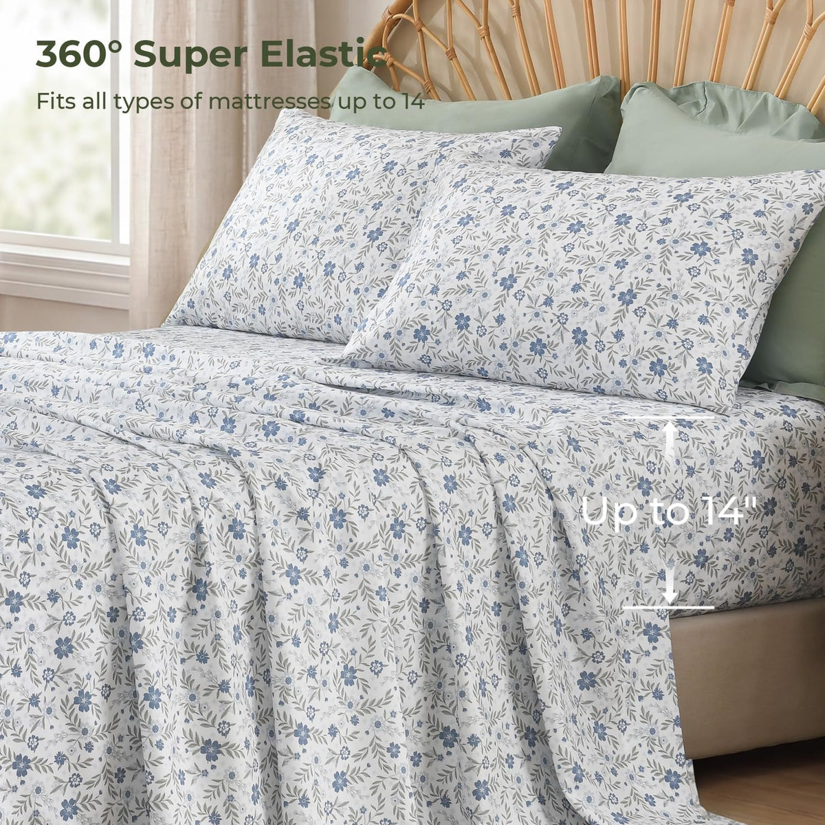 Litanika 7Pcs Full Ruffled Sage Green Comforter Set with Floral Sheets