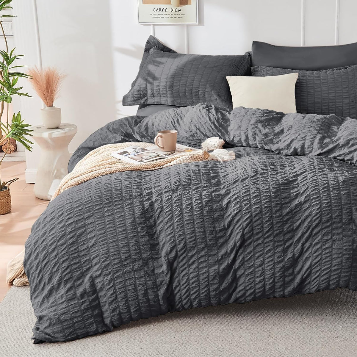 Full Comforter Set - 7PCS Bed in a Bag, Seersucker Bedding Set, Dark Grey