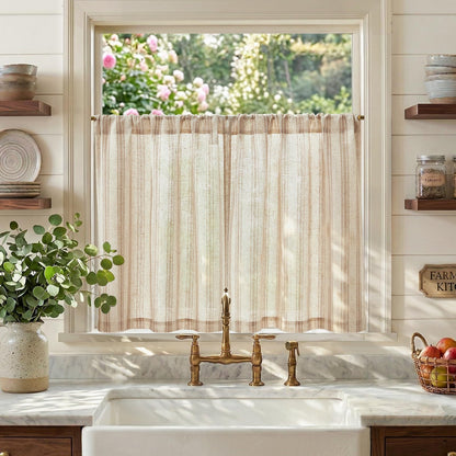 jinchan Linen Striped Tier Curtains for Kitchen Windows Green 26 x 24 inch
