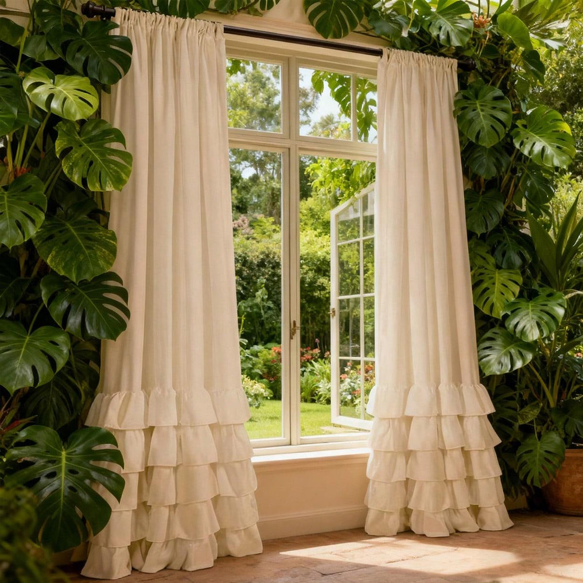 2-Piece French Romantic Semi-Sheer Ruffled Curtains Window Drapes, American Country Style Window Balcony Farmhouse Curtain, Living Room Bedroom Decor, Home Decoration Curtain