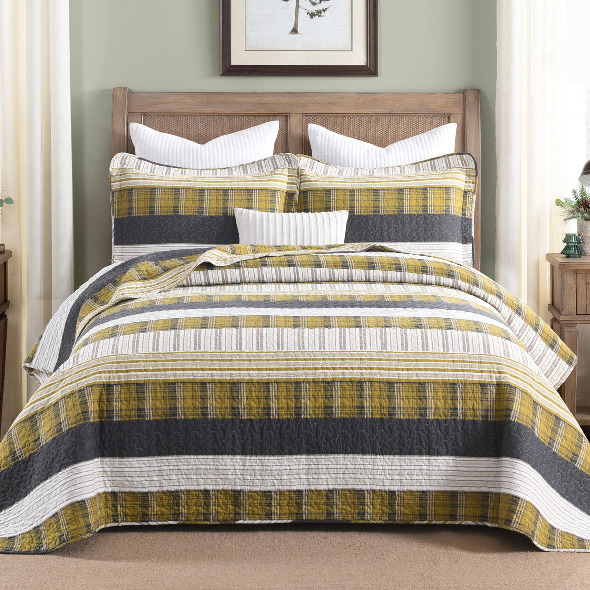 Homzard 100% Cotton Quilt Bedding Set Queen Size Striped Floral Bedspread