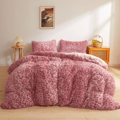 XeGe Cheetah Print Fluffy Faux Fur Duvet Cover Set, Queen, Leopard Brown