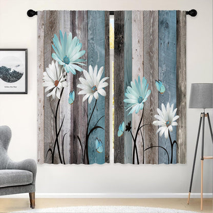 Teal Farmhouse Daisy Kitchen Curtains Wooden Flower Small Short Cafe Window Curtains Rustic Floral Butterfly Country Bathroom Drapes Treatment Tier Curtains 2 Panels (27.5x39 Inch)