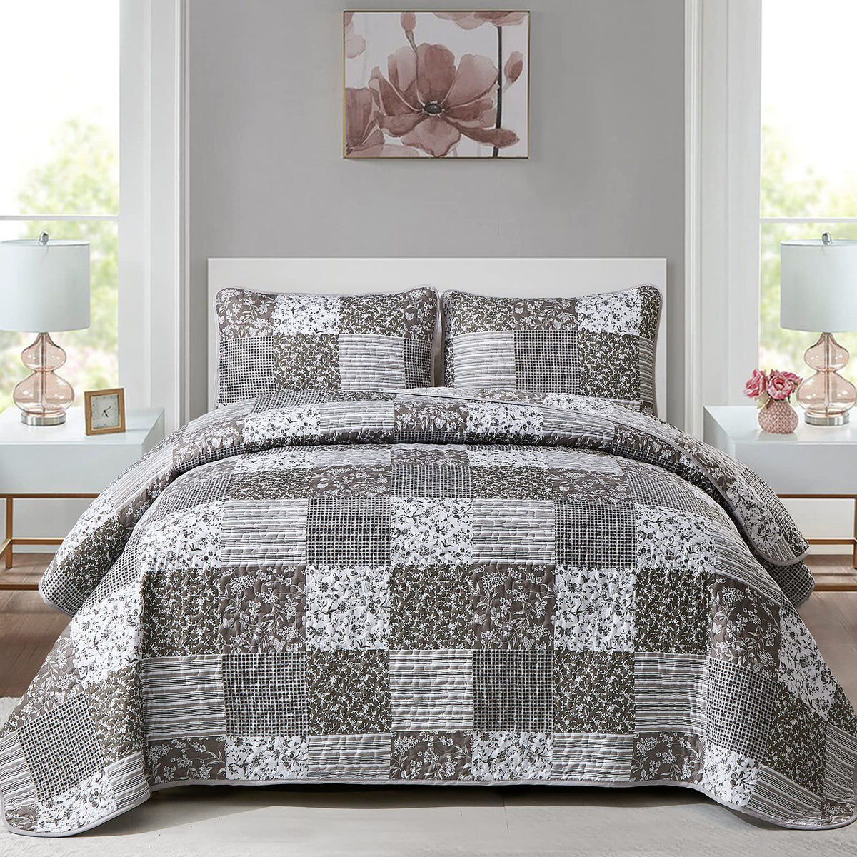 Mybedsoul Boho Quilts Queen Size, Patchwork Floral Bedding Set, Blue