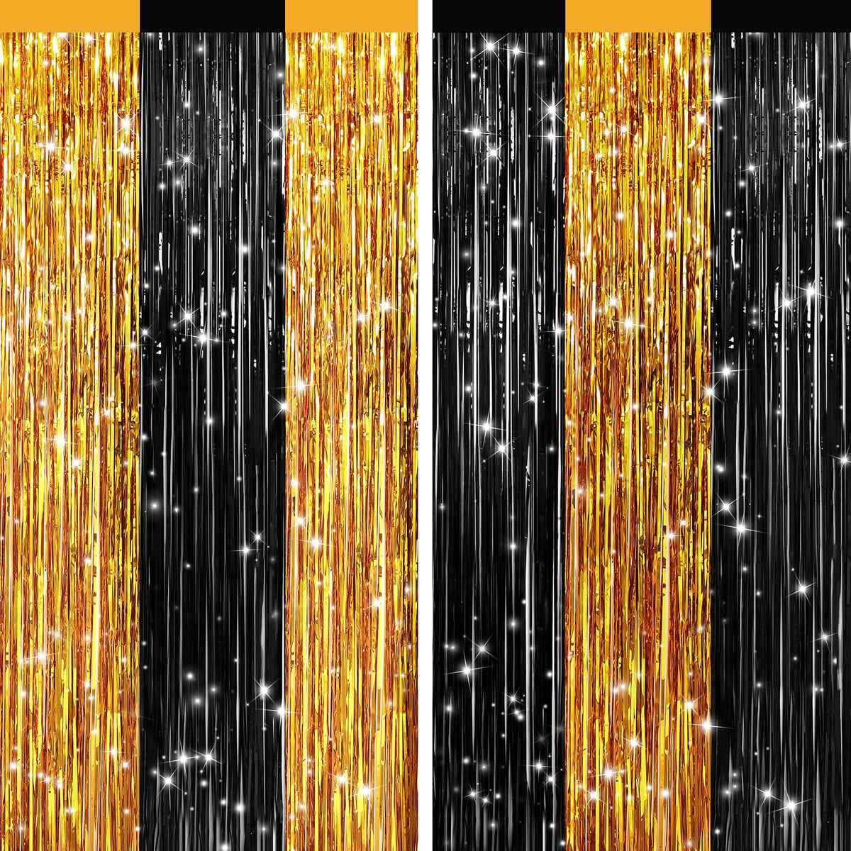 GCB 2Pack Black Metallic Tinsel Foil Fringe Curtain, Black Curtain Backdrop