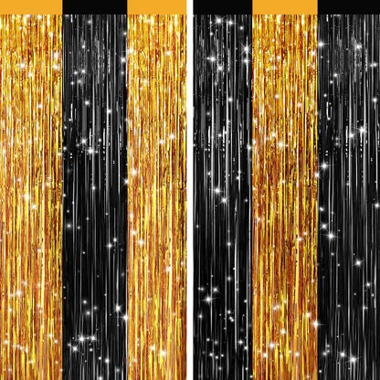 GCB 2Pack Black Metallic Tinsel Foil Fringe Curtain, Black Curtain Backdrop