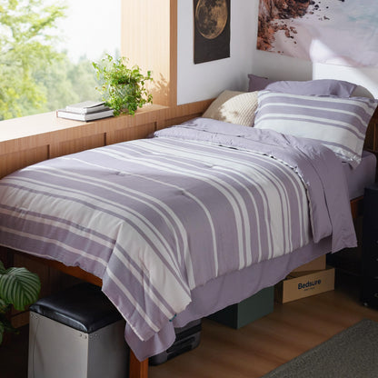 Bedsure Full Comforter Set 7 Pc, Grey Striped, Reversible, All-Season