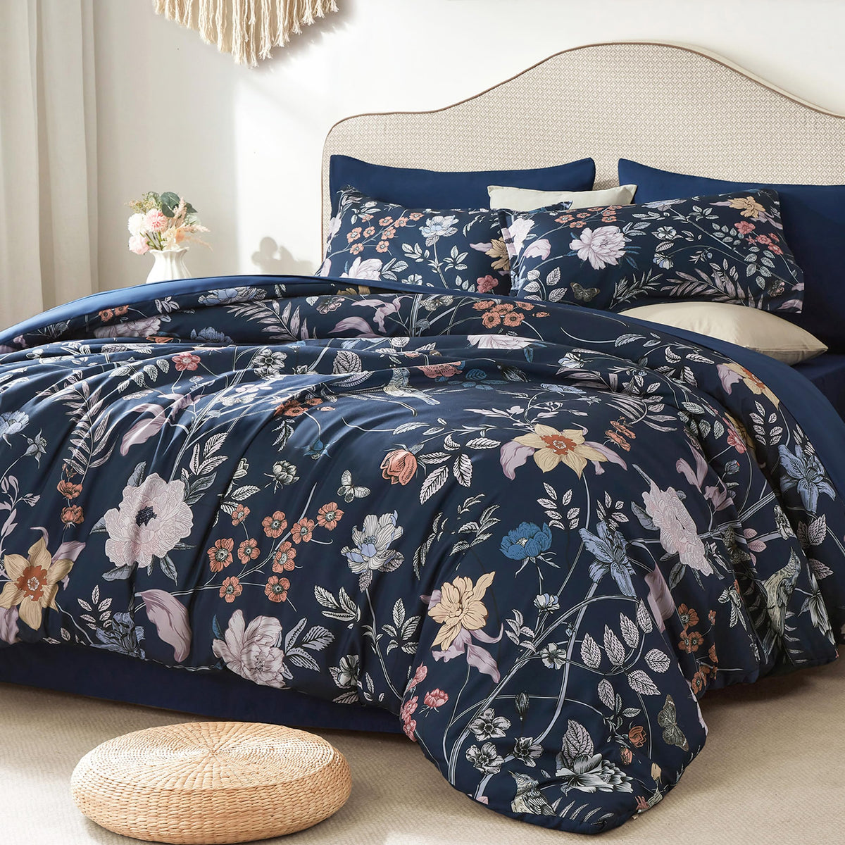 Litanika Floral Black King Comforter Set-7 Piece Botanical Birds Bedding