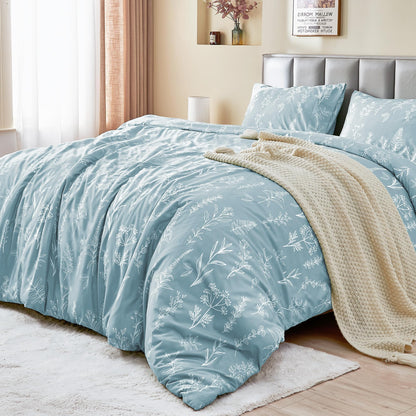MUXHOMO Duvet Cover King Size, 3-Piece Floral Grey-Blue Bedding Set