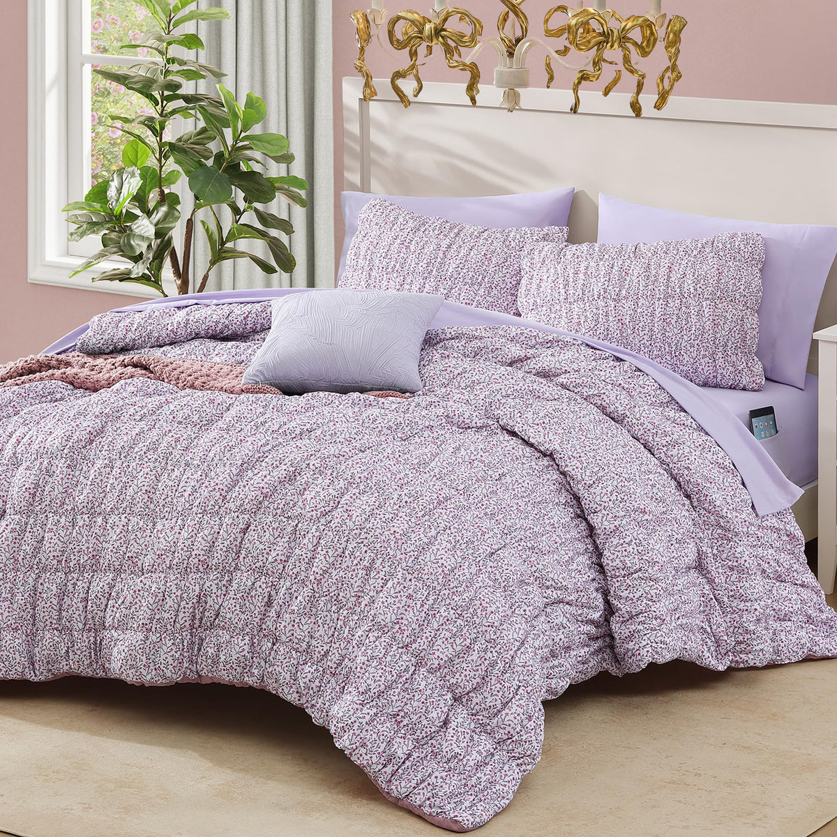 Full Size Comforter Sets - 3 Pieces Blue Ruched Floral Full Bedding Set