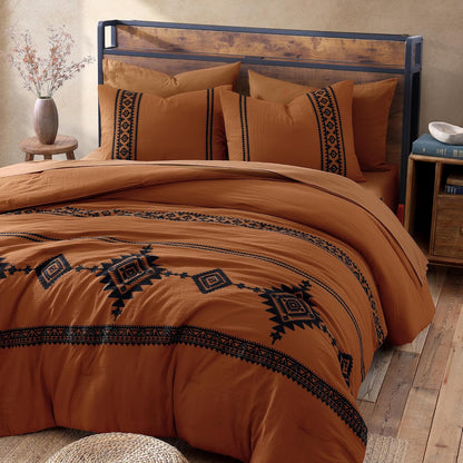 MaiRêve Embroidery Queen Comforter Set 7 Pieces Burnt Orange Bed in a Bag