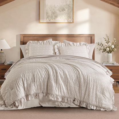 BLOOMHAVEN Queen Comforter Set-7 Pieces Ruffle Bedding with Floral Sheet