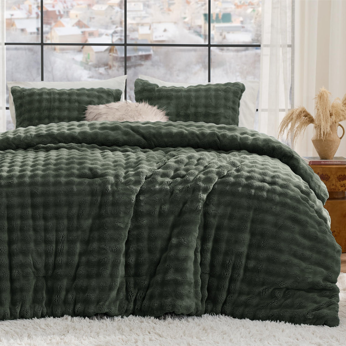 Bedsure 3D Cloud Bubble Comforter Fluffy Comforter Queen Dark Green 3 Pcs