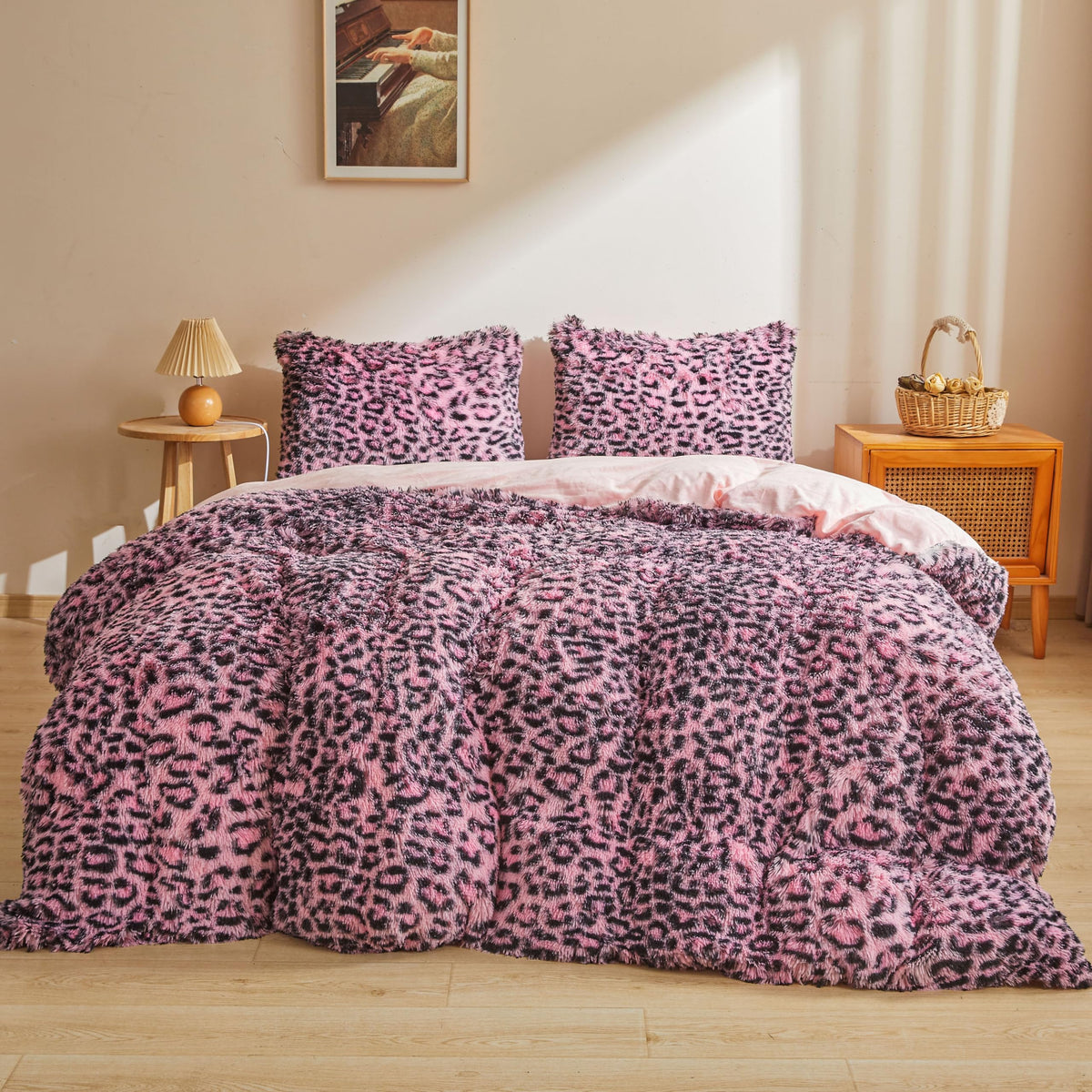 XeGe Cheetah Print Fluffy Faux Fur Duvet Cover Set, Queen, Leopard Brown