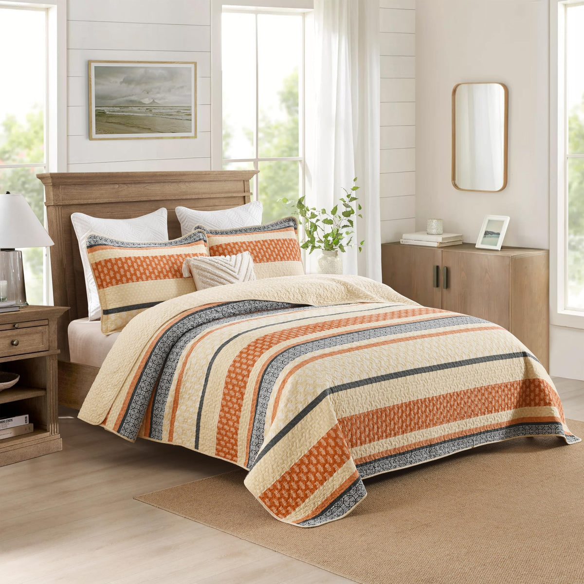 Homzard 100% Cotton Quilt Bedding Set Queen Size Striped Floral Bedspread