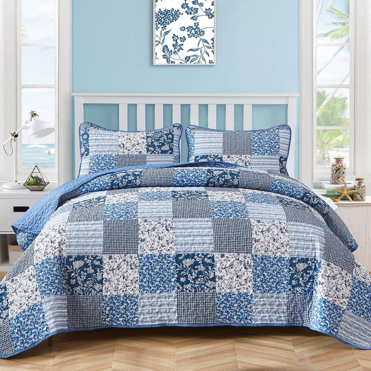 Mybedsoul Boho Quilts Queen Size, Patchwork Floral Bedding Set, Blue