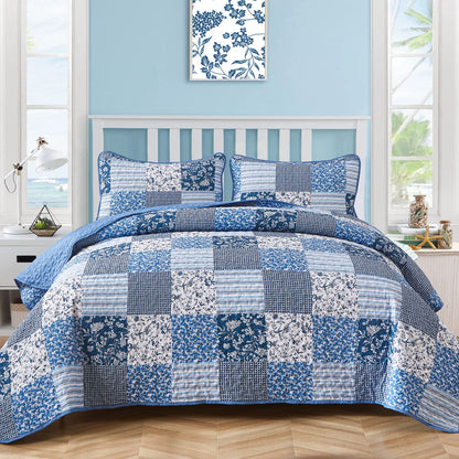Mybedsoul Boho Quilts Queen Size, Patchwork Floral Bedding Set, Blue