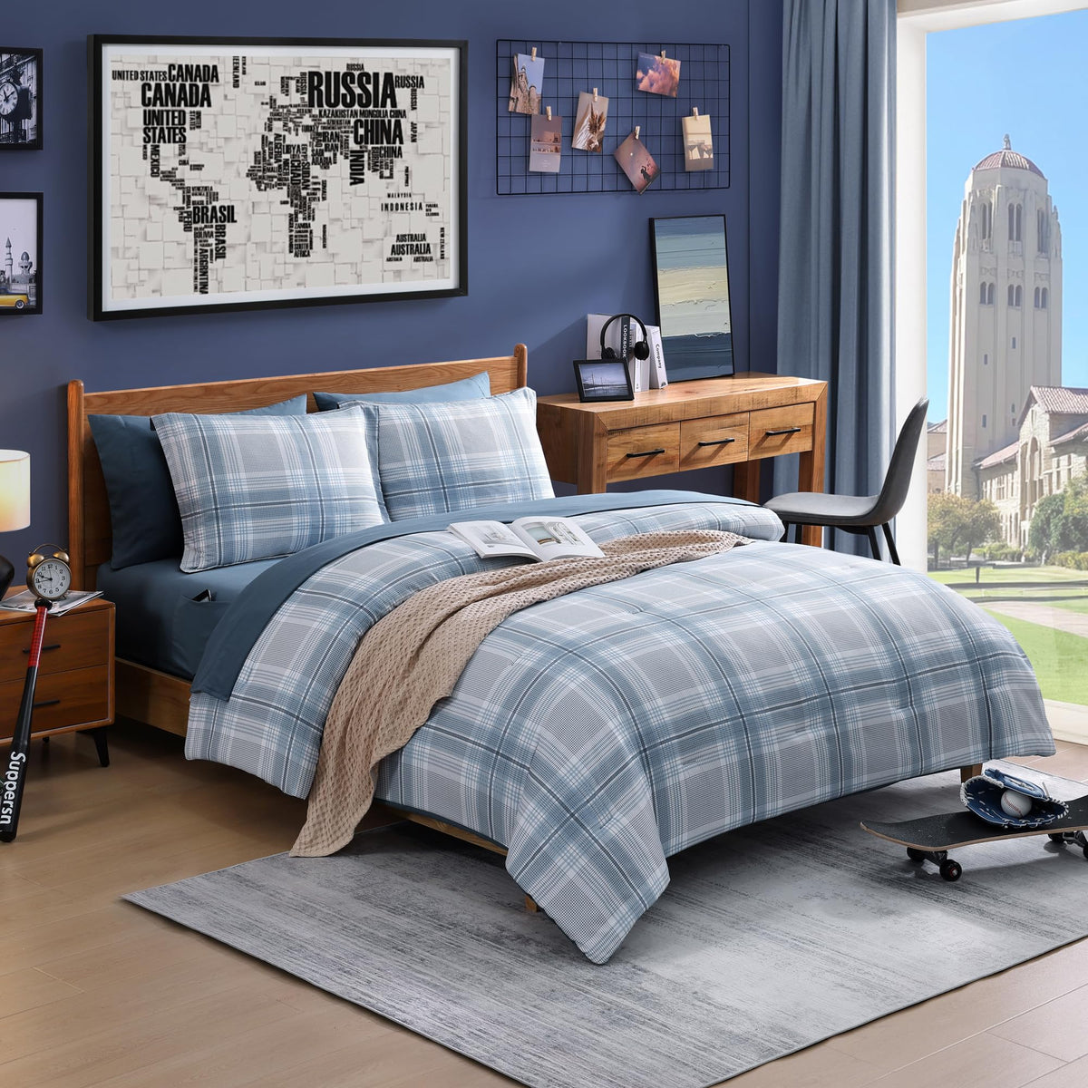 Plaid Full Size Comforter Set Blue Grey 7 Pieces Farmhouse Bed in a Bag