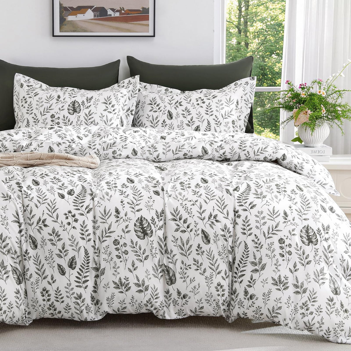 MUXHOMO Duvet Cover King Size, 3-Piece Floral Grey-Blue Bedding Set