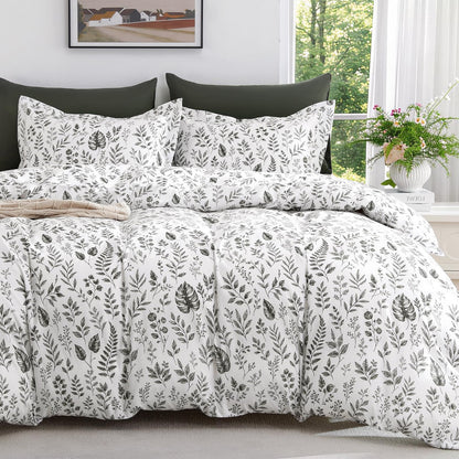 MUXHOMO Duvet Cover King Size, 3-Piece Floral Grey-Blue Bedding Set
