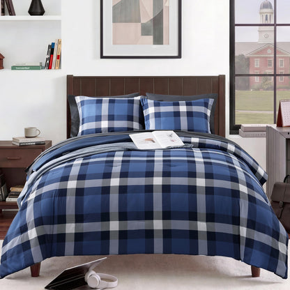 MaiRêve Plaid Queen Comforter Set Navy Blue 7 Pieces Bed in a Bag