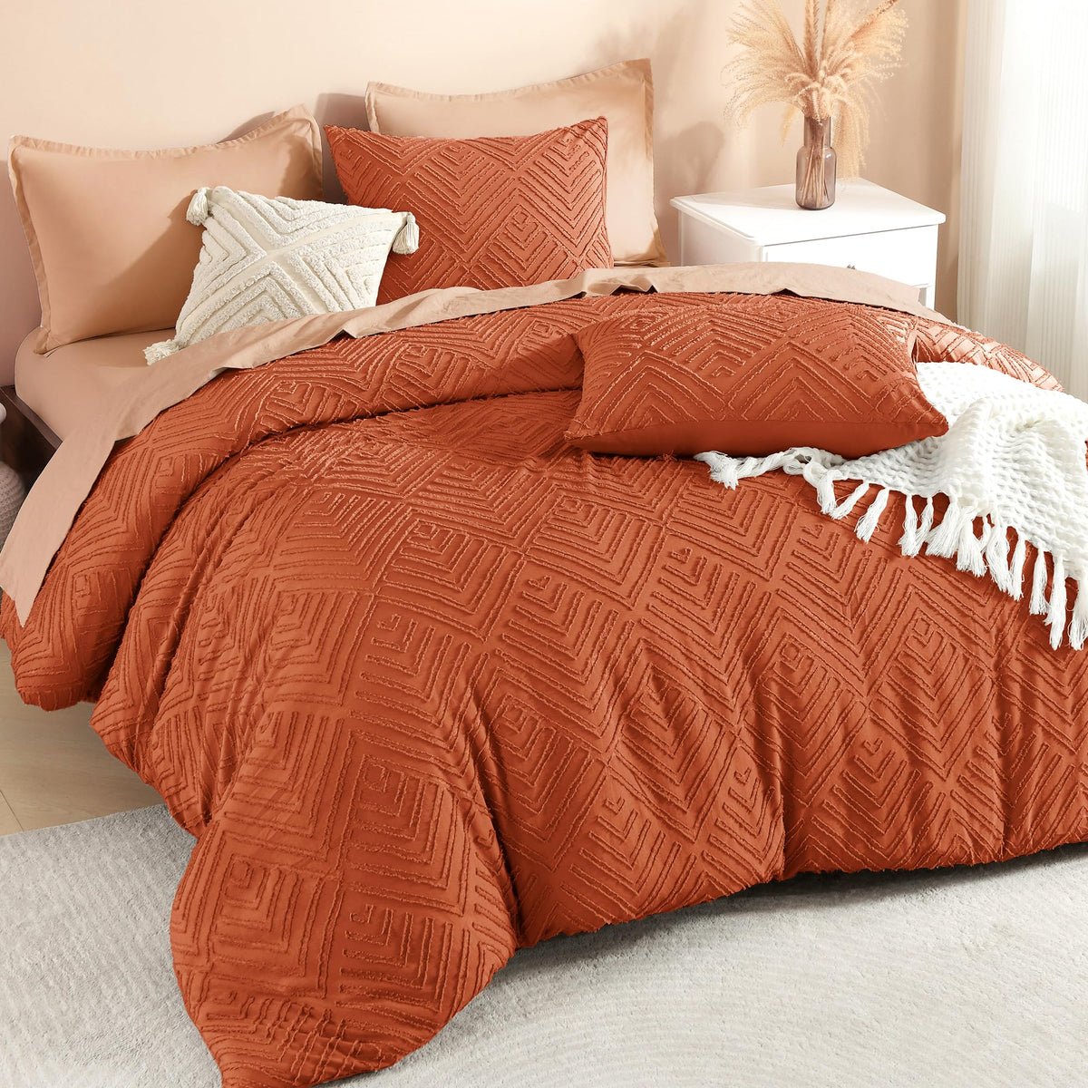 Litanika King Size Comforter Set, 3 Pieces Beige Tufted Boho Bedding Set