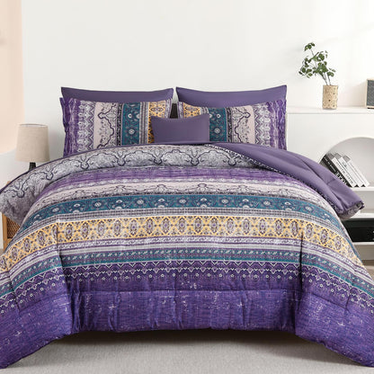 Cottolester Boho Comforter Set Queen Size 8 Piece Bed in a Bag Bohemian Striped Bedding Quilt Set Aqua Paisley Floral Comforter and Sheet Set,Soft Microfiber Complete Bedding Sets for All Season