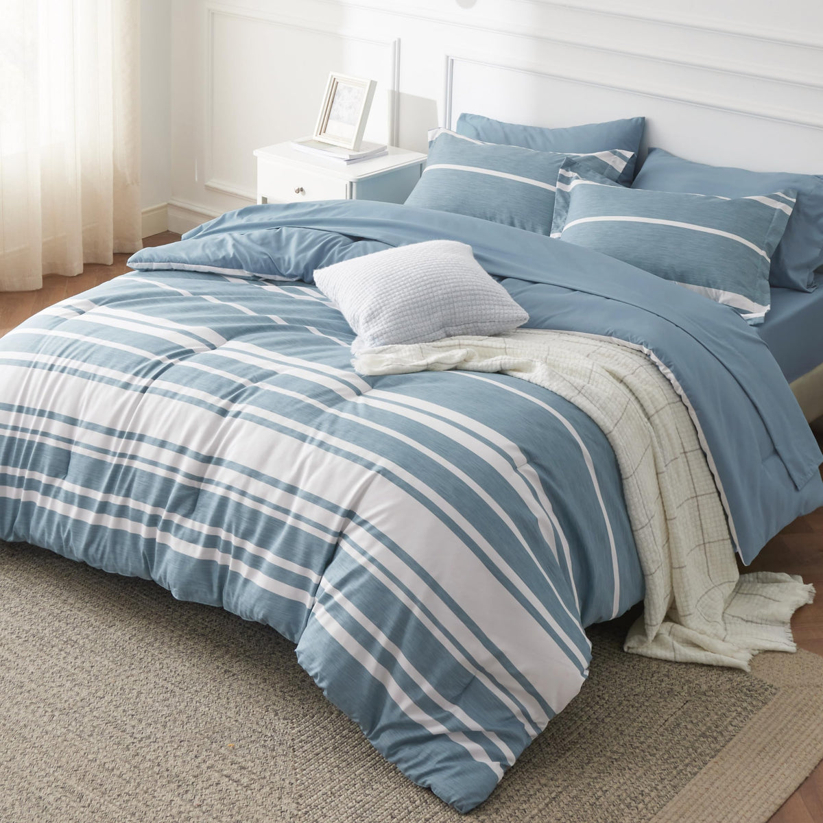 Bedsure Full Comforter Set 7 Pc, Grey Striped, Reversible, All-Season