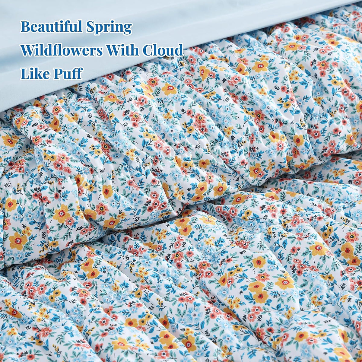 Full Size Comforter Sets - 3 Pieces Blue Ruched Floral Full Bedding Set